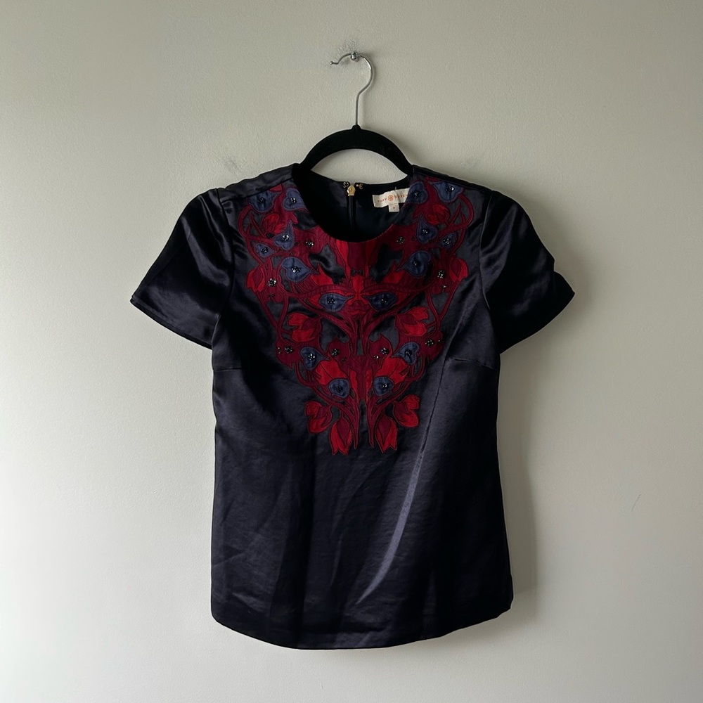 Tory Burch navy blue and red applique short sleeve top